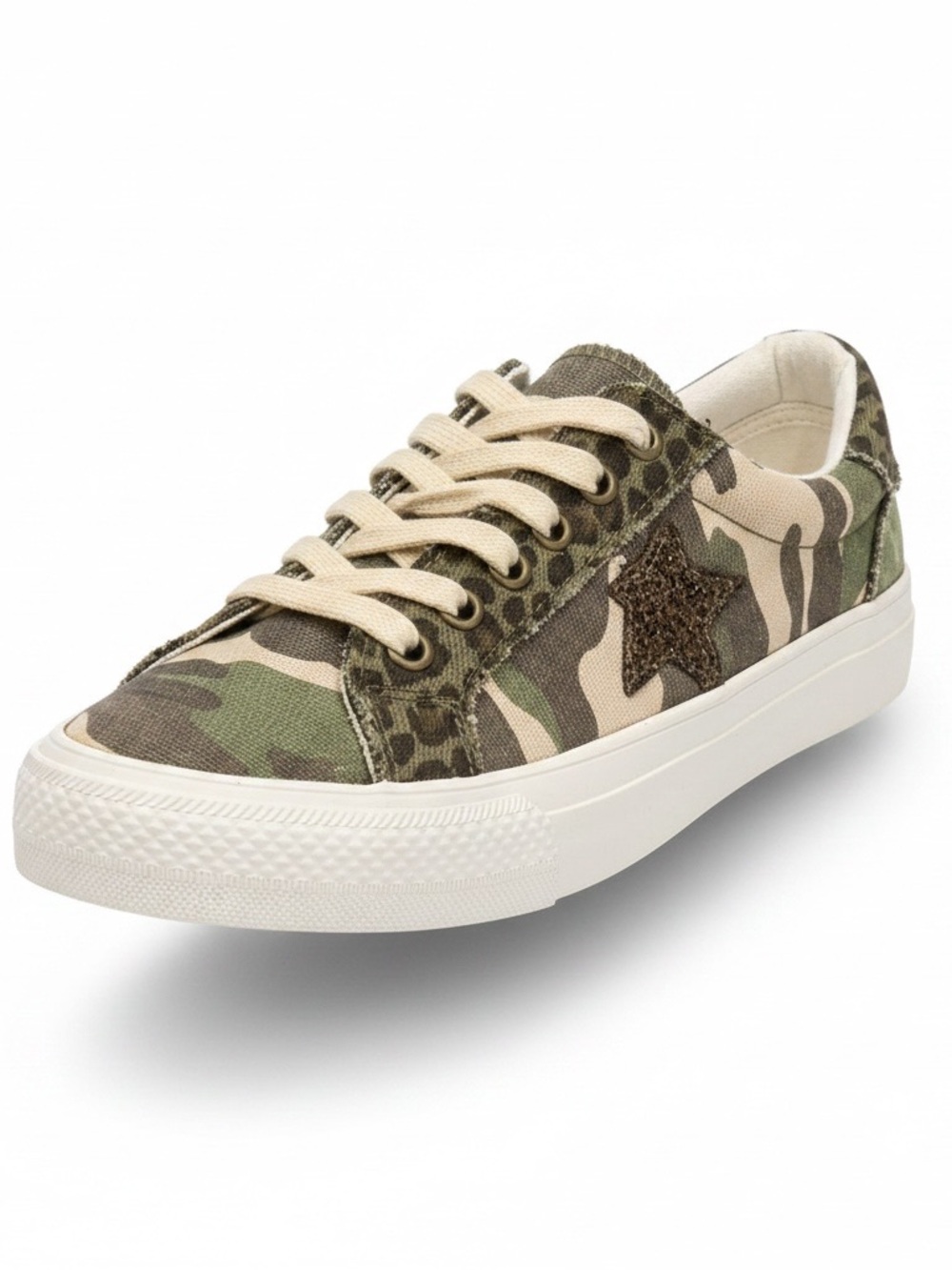Camouflage Canvas Lace-Up Sneaker with Star Accent - Green